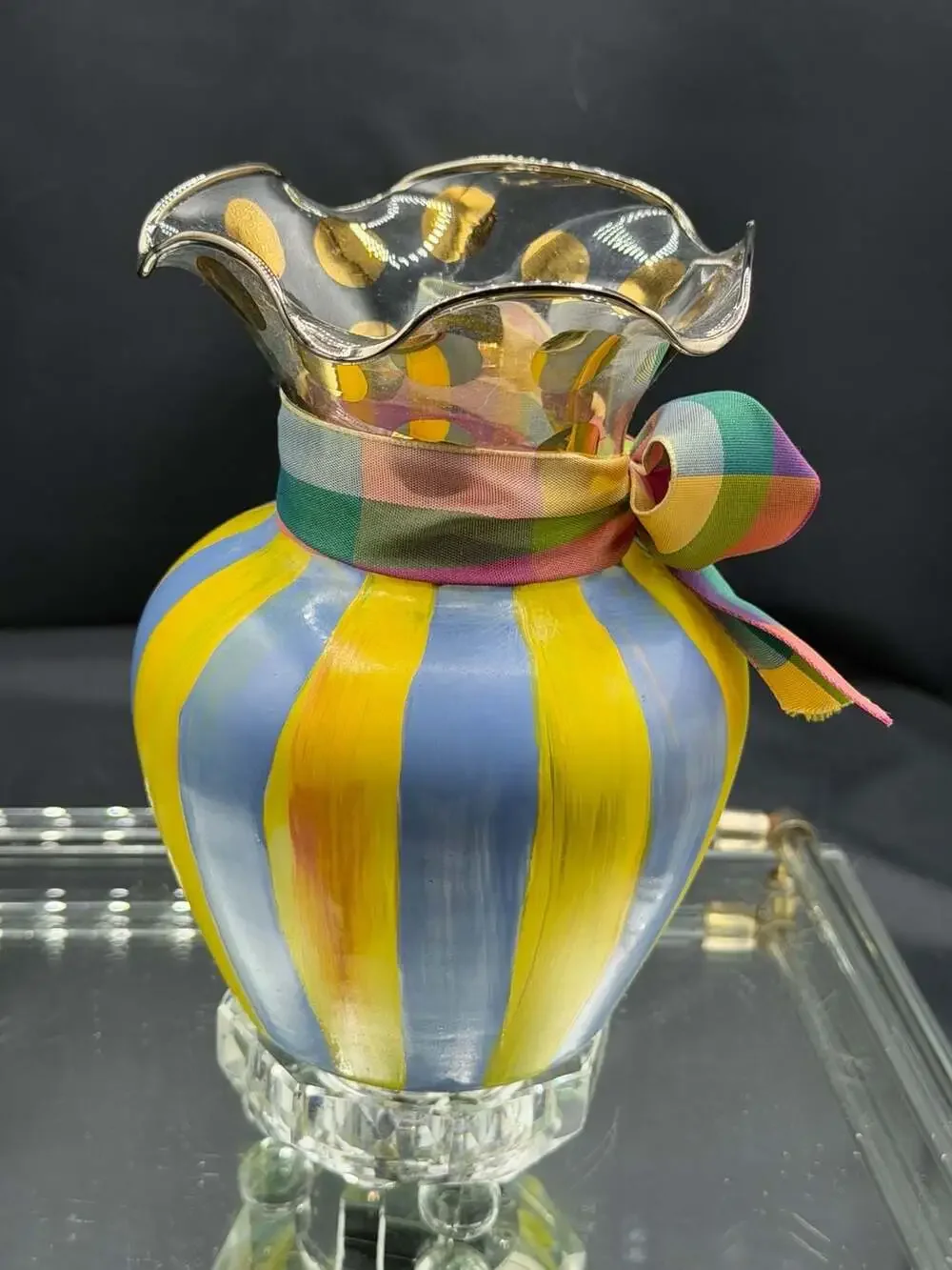 Mackenzie -Childs Heirloom Circus Hand-Painted Fluted Glass Vase with Striped P